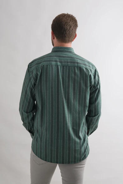 Rahat Kesim Cepli Yaka Düğmeli Çizgili Kışlık Kumaş Erkek Gömlek - Resim 4