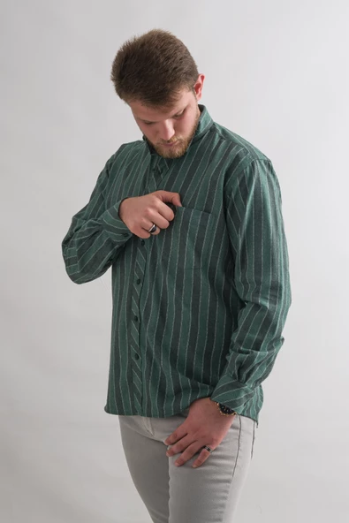 Rahat Kesim Cepli Yaka Düğmeli Çizgili Kışlık Kumaş Erkek Gömlek - Resim 3