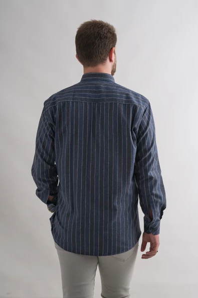 Rahat Kesim Cepli Yaka Düğmeli Çizgili Kışlık Kumaş Erkek Gömlek - Resim 9