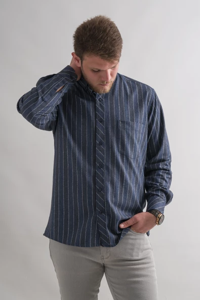 Rahat Kesim Cepli Yaka Düğmeli Çizgili Kışlık Kumaş Erkek Gömlek - Resim 6