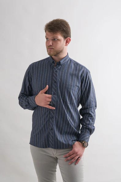 Rahat Kesim Cepli Yaka Düğmeli Çizgili Kışlık Kumaş Erkek Gömlek - Resim 7