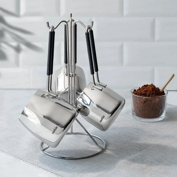 Nehir  Modern Askı Standlı 4 Parça Çelik Cezve Seti (8697076290156) - Resim 3
