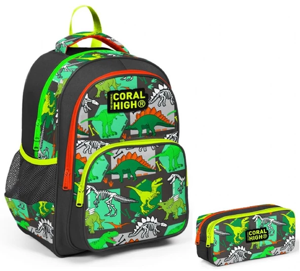 Coral High Yeşil Dinazor Erkek Çocuk İlkokul Sırt Çantası ve Kalemlik Seti