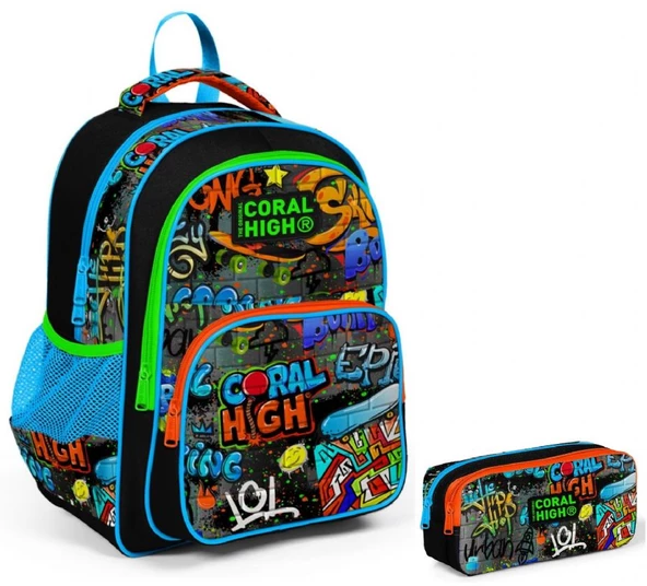 Coral High Siyah Grafiti Erkek Çocuk İlkokul Sırt Çantası ve Kalemlik Seti