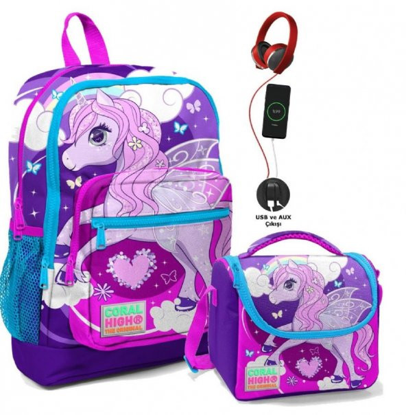 Coral High Okul Çantası ve Termal Beslenme Çanta Seti - Kız Çocuk Mavi Mor Unicorn USB ve AUX Çıkışlı