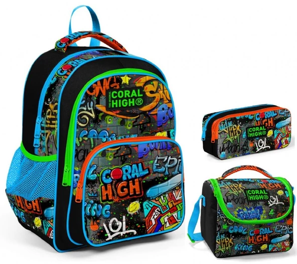 Coral High Siyah Grafiti Erkek Çocuk Üçlü İlkokul Okul Çanta Seti