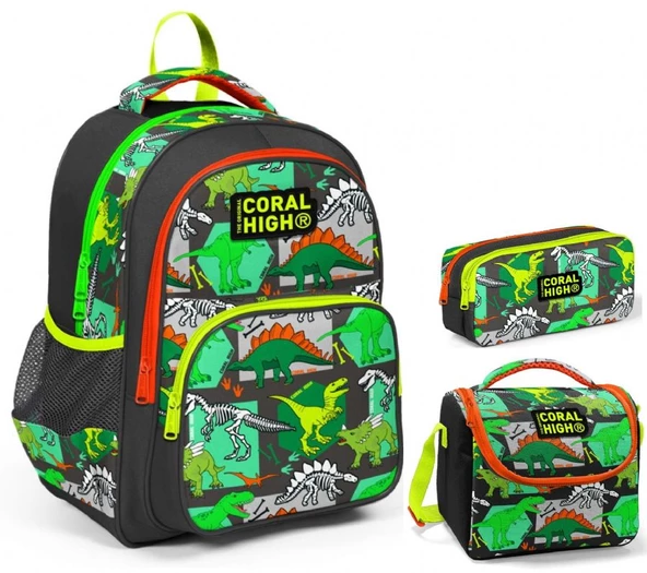 Coral High Yeşil Dinazor Erkek Çocuk Üçlü İlkokul Okul Çanta Seti