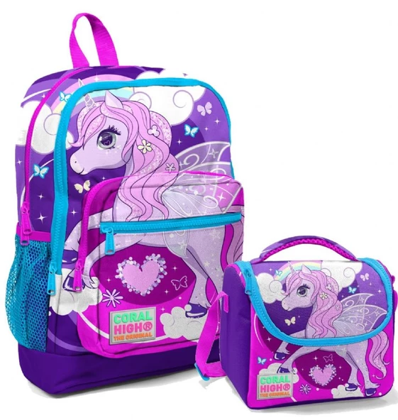 Coral High Mor Unicorn Kız Çocuk İlköğretim Okul Sırt Çantası ve Beslenme Çanta Seti
