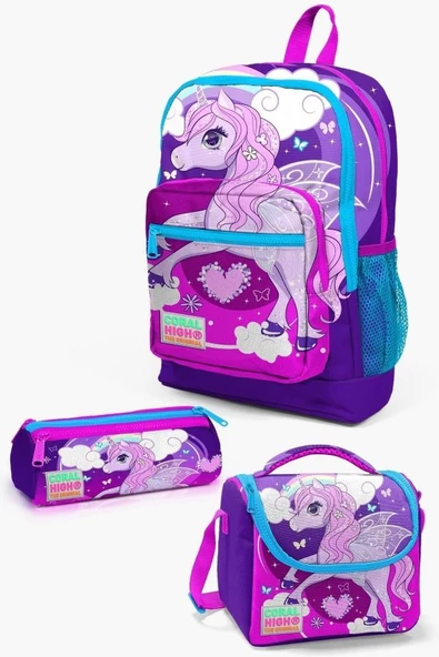 Coral High Kids Mor Pembe Unicorn Desenli 3’lü Okul Çanta Seti - Kız Çocuk