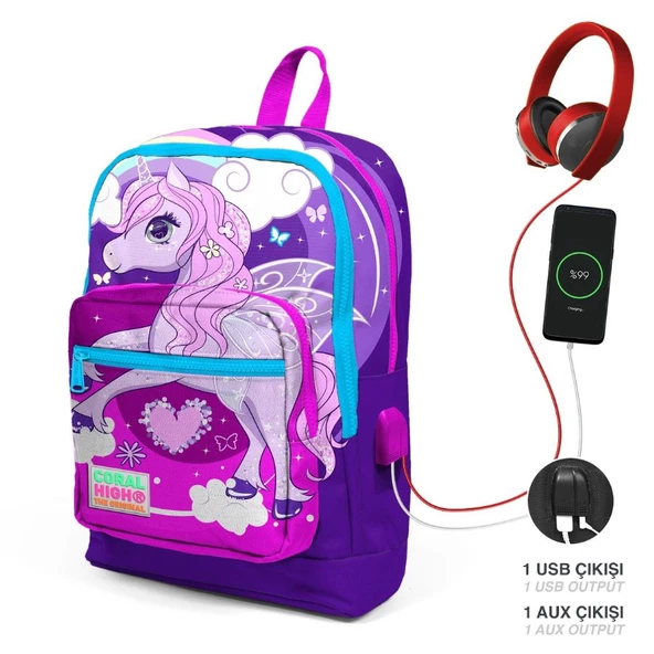 Coral High Okul Çantası ve Termal Beslenme Çanta Seti - Kız Çocuk Mavi Mor Unicorn USB ve AUX Çıkışlı - Resim 2