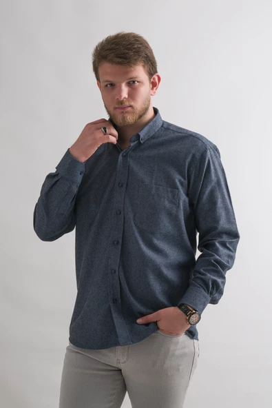 Bican Rahat Kesim Cepli Yaka Düğmeli Kışlık Kumaş Erkek Gömlek - Resim 6