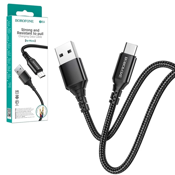 Şarj Kablo Mıcro 2.4A 1Mt Siyah Örgülü Borofone Bx-54 - 2