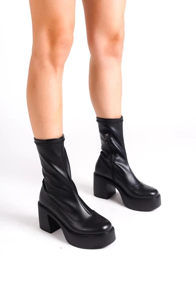 Orla Siyah Kalın Platform Topuklu Esnek Streç Bot - 3