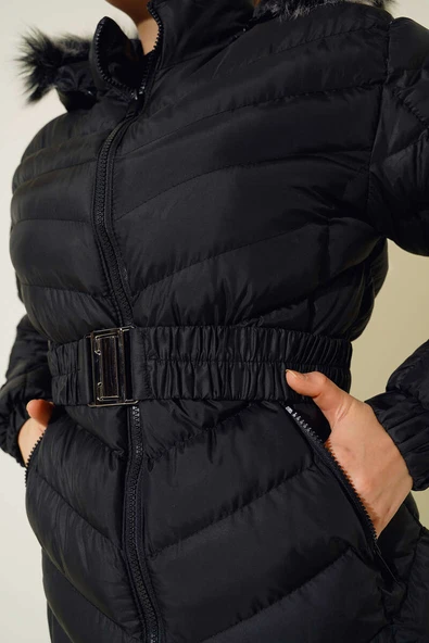 Kemerli Şişme Mont Siyah - Resim 4