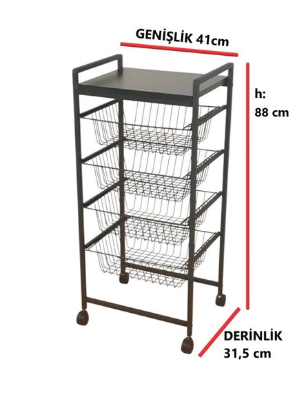 DEKORATİF TEKERLEKLİ METAL SEBZELİK 4 RAFLI TEL SEPETLİ ÇOK AMAÇLI STAND - 5