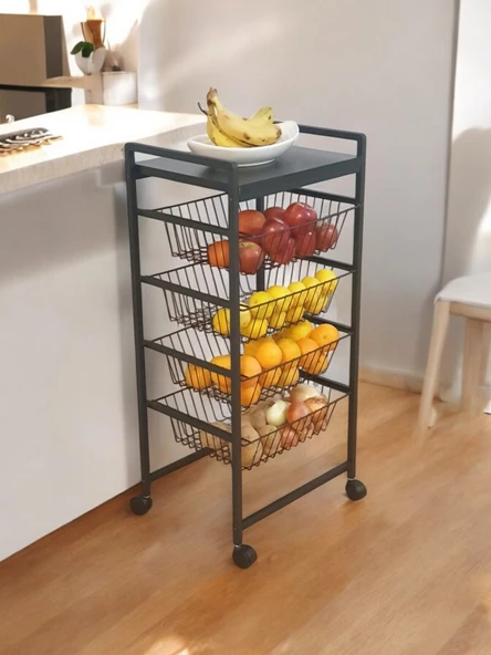 DEKORATİF TEKERLEKLİ METAL SEBZELİK 4 RAFLI TEL SEPETLİ ÇOK AMAÇLI STAND - 7