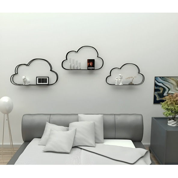 DEKORATİF METAL RAF BULUT DUVAR RAFI 3 LÜ SET ÇOK AMAÇLI KİTAPLIK FOTOĞRAFLIK STAND - 4