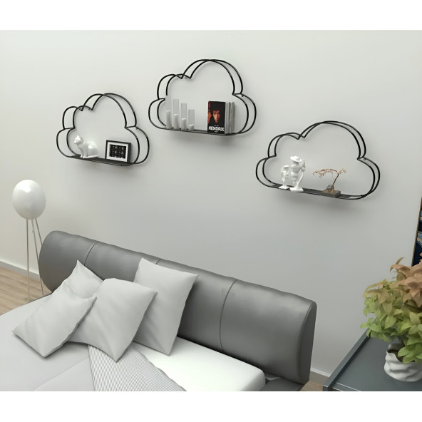 DEKORATİF METAL RAF BULUT DUVAR RAFI 3 LÜ SET ÇOK AMAÇLI KİTAPLIK FOTOĞRAFLIK STAND - 5