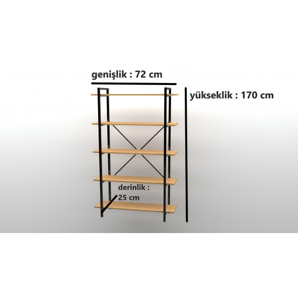DEKORATİF 5 KATLI AHŞAP RAFLI METAL KİTAPLIK ÇOK AMAÇLI RAFLI DOLAP - 4