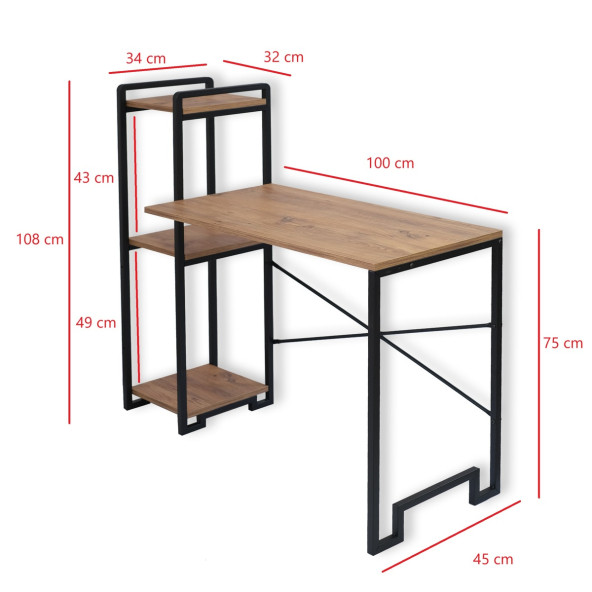 DEKORATİF 3 RAFLI METAL ÇOK AMAÇLI ÇALIŞMA MASASI AHŞAP RAFLI KİTAPLIK BİLGİSAYAR VE LAPTOP MASASI - 5
