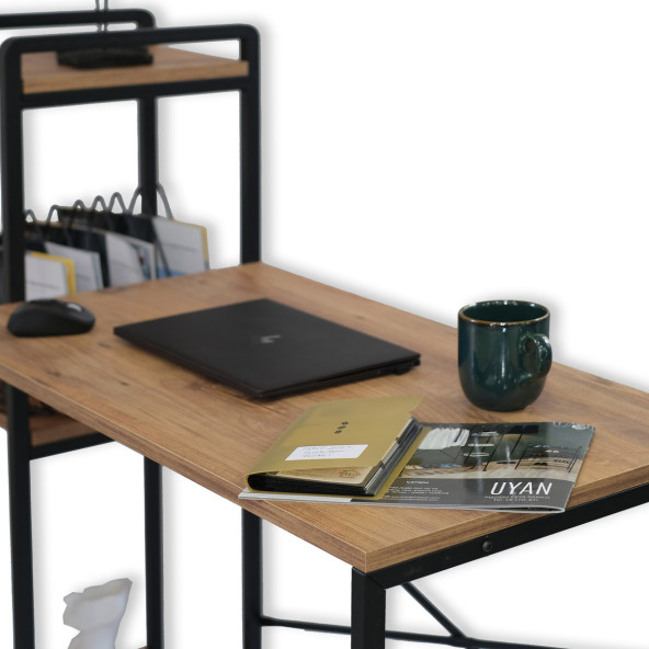 DEKORATİF 3 RAFLI METAL ÇOK AMAÇLI ÇALIŞMA MASASI AHŞAP RAFLI KİTAPLIK BİLGİSAYAR VE LAPTOP MASASI - 6