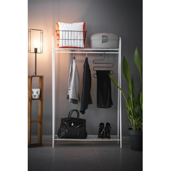 DEKORATİF ÇOK AMAÇLI BEYAZ METAL AYAKLI ELBİSE ASKILIĞI 2 RAFLI PORTMANTO VE KONFEKSİYON ASKILIĞI