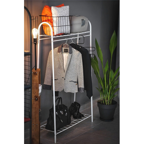 DEKORATİF ÇOK AMAÇLI BEYAZ METAL AYAKLI ELBİSE ASKILIĞI 2 RAFLI PORTMANTO VE KONFEKSİYON ASKILIĞI - 2