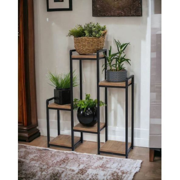 DEKORATİF METAL AHŞAP 6 RAFLI SAKSI STANDI KATLI DİKEY SAKSILIK ÇİÇEKLİK GARDEN