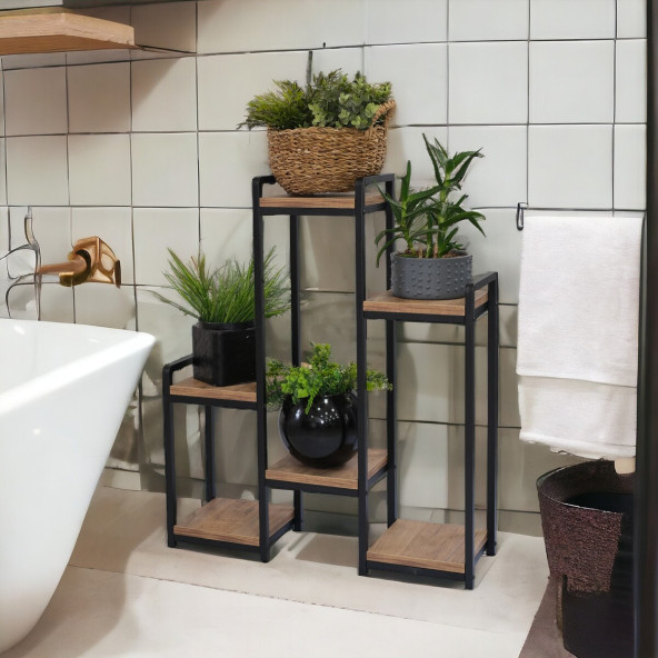 DEKORATİF METAL AHŞAP 6 RAFLI SAKSI STANDI KATLI DİKEY SAKSILIK ÇİÇEKLİK GARDEN - 2