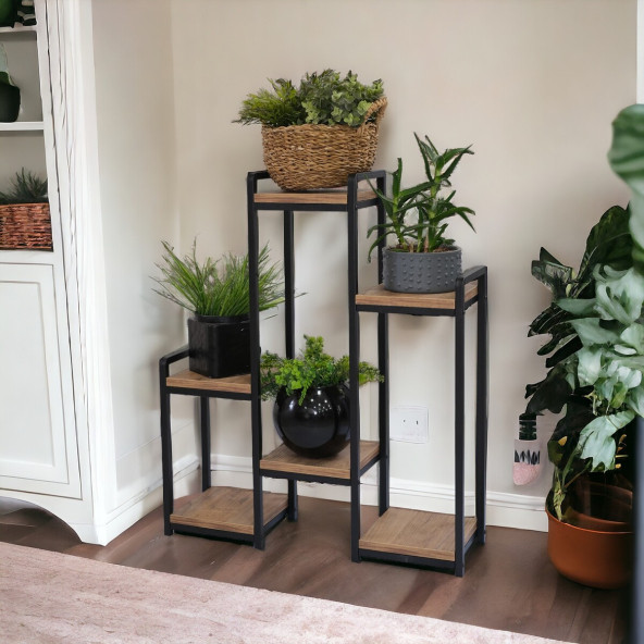DEKORATİF METAL AHŞAP 6 RAFLI SAKSI STANDI KATLI DİKEY SAKSILIK ÇİÇEKLİK GARDEN - 3