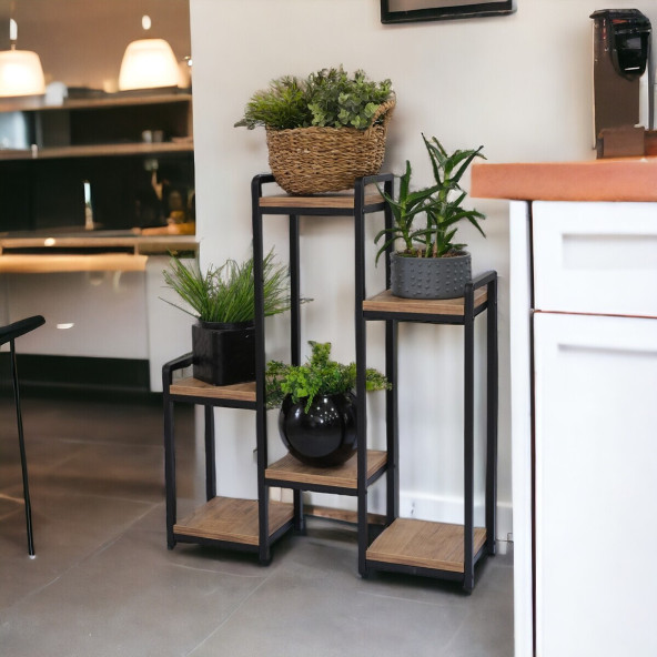 DEKORATİF METAL AHŞAP 6 RAFLI SAKSI STANDI KATLI DİKEY SAKSILIK ÇİÇEKLİK GARDEN - 4