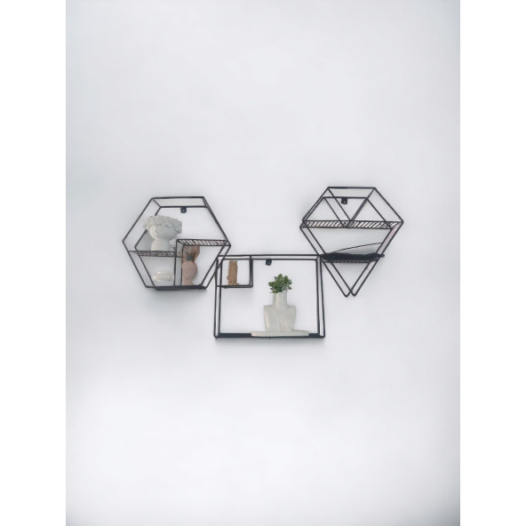 DEKORATİF METAL RAF GEOMETRİK 3'LÜ SET DUVAR RAFI KURULUM GEREKTİRMEYEN ÇOK AMAÇLI FOROĞRAFLIK STAND - 5