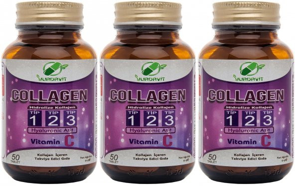 Yurdavit Hydrolyzed Collagen Type 1-2-3 3x50 Tablet Hyaluronic Acid Vitamin C Hidrolize Kolajen