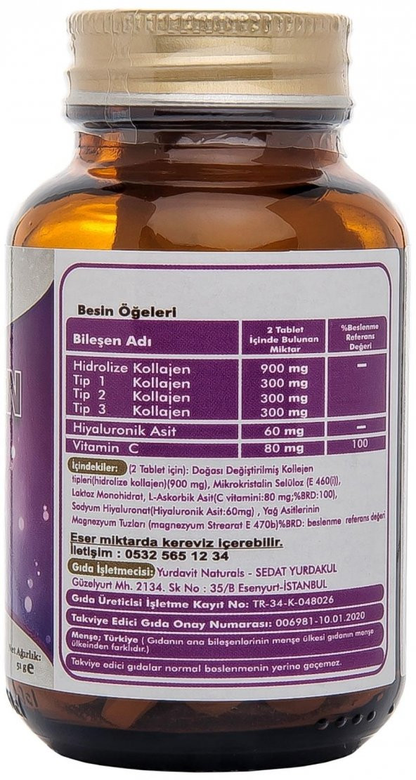 Yurdavit Hydrolyzed Collagen Type 1-2-3 3x50 Tablet Hyaluronic Acid Vitamin C Hidrolize Kolajen - 3