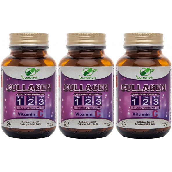 Yurdavit Hidrolize Kolajen Tip 1-2-3 3x50 Tablet Hyaluronik Asit C Vitamini Hydrolyzed Collagen