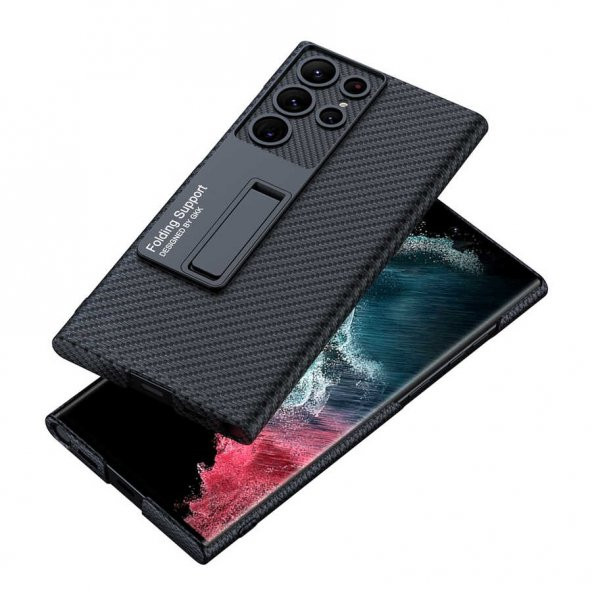 Samsung Galaxy S23 Ultra Kılıf Karbon ve Deri Desenli Kıpta Standlı Kapak - 3