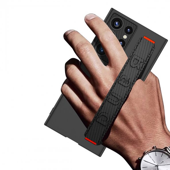 Samsung Galaxy S23 Ultra Kılıf Karbon Detaylı Standlı El Tutacaklı Band Kapak - 4