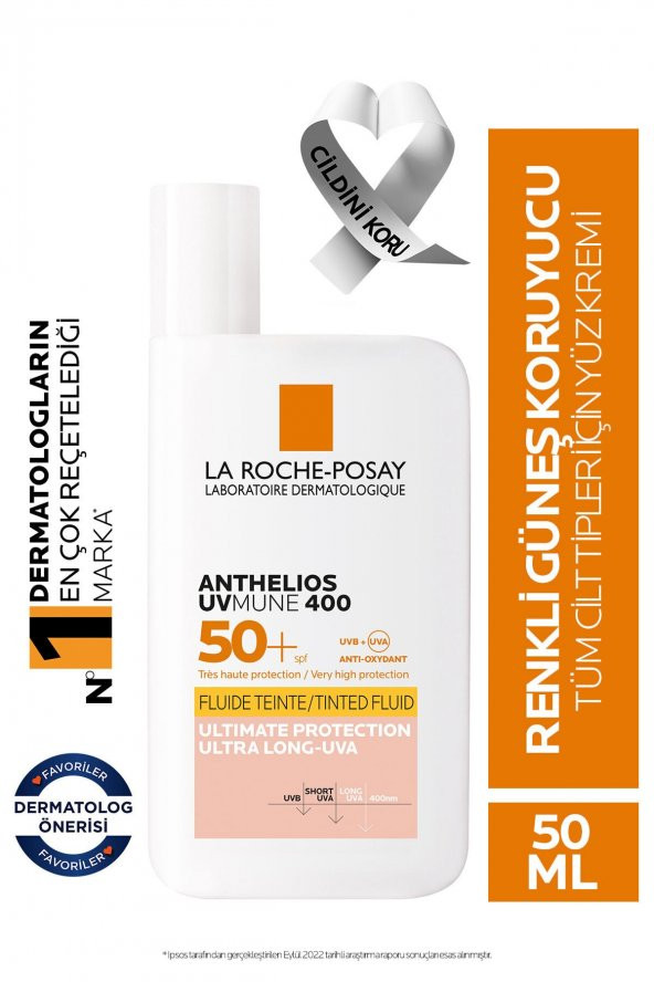 La Roche Posay Anthelios Uvmune Fluide SPF+50 Tüm Ciltler İçin Yüksek Korumalı Renkli Yüz Güneş Kremi
