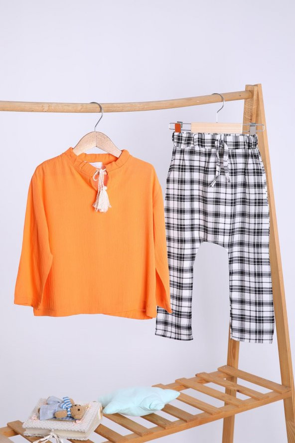 Babyhola Pamuk Bluz Ekose Pantolon Kız Çocuk Salaş Takım 1153