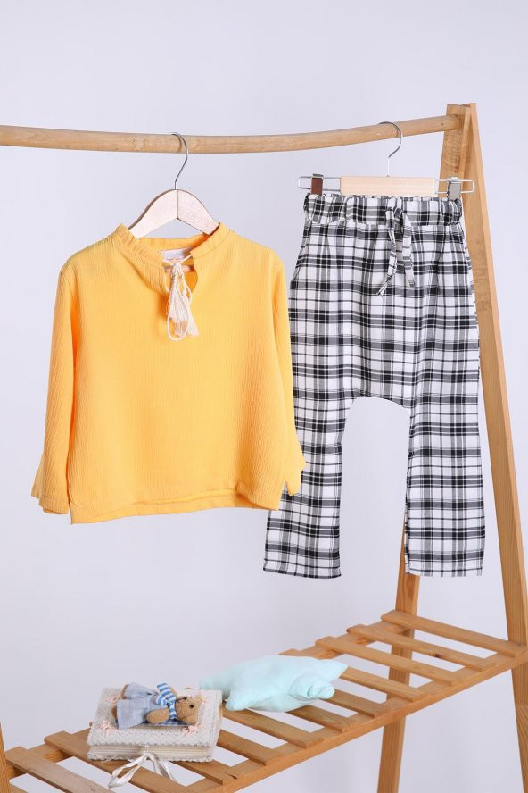 Babyhola Pamuk Bluz Ekose Pantolon Kız Çocuk Salaş Takım 1153 - 6