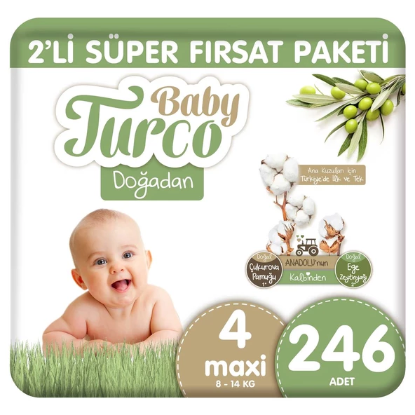 Baby Turco Doğadan 2'li Süper Fırsat Paketi Bebek Bezi 4 Numara Maxi 246 Adet