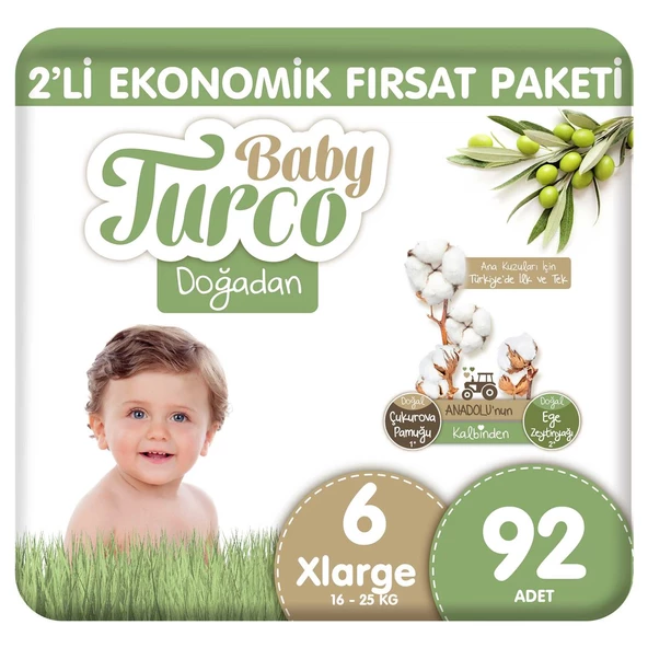 Baby Turco Doğadan 2'li Ekonomik Fırsat Paketi Bebek Bezi 6 Numara Xlarge 92 Adet