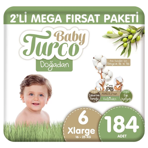 Baby Turco Doğadan 2'li Mega Fırsat Paketi Bebek Bezi 6 Numara Xlarge 184 Adet