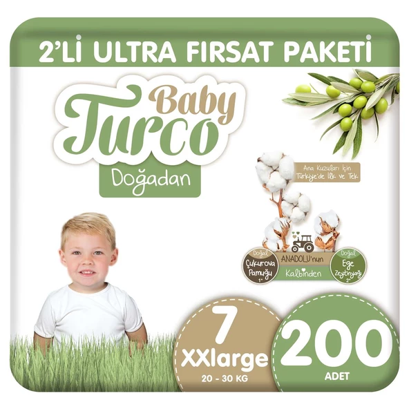 Baby Turco Doğadan 2'li Ultra Fırsat Paketi Bebek Bezi 7 Numara Xxlarge 200 Adet