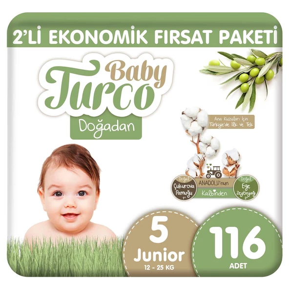 Baby Turco Doğadan 2'li Ekonomik Fırsat Paketi Bebek Bezi 5 Numara Junior 116 Adet