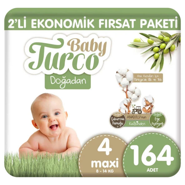Baby Turco Doğadan 2'li Ekonomik Fırsat Paketi Bebek Bezi 4 Numara Maxi 164 Adet