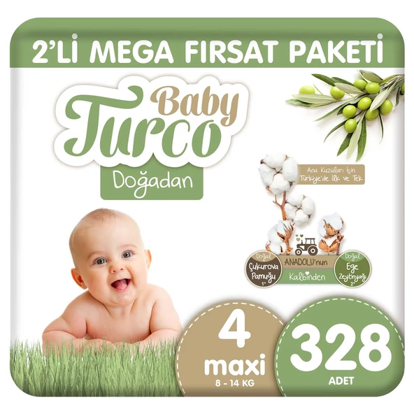 Baby Turco Doğadan 2'li Mega Fırsat Paketi Bebek Bezi 4 Numara Maxi 328 Adet