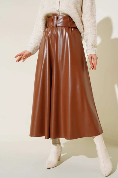 Kemerli Deri Etek Taba - 2