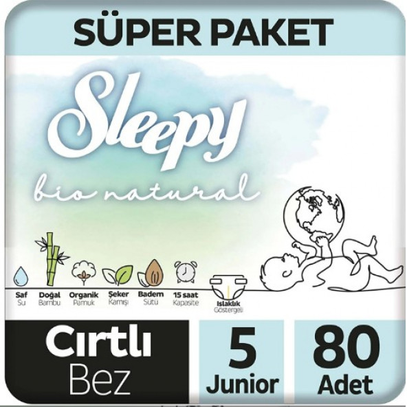 Sleepy Bio Natural Süper Paket Bebek Bezi 5 Numara Junior 80 Adet