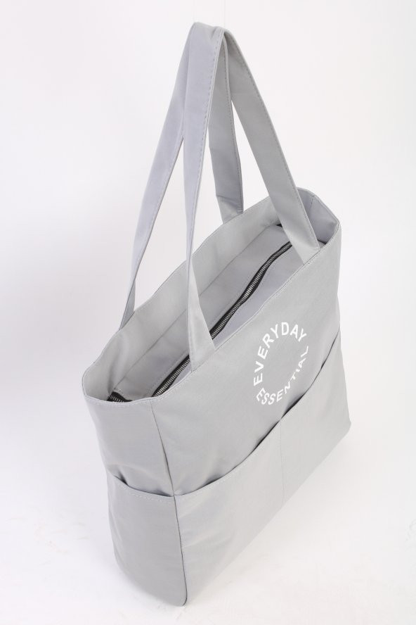 Soobepark 7 Bölmeli Fermuar Kapamalı Bondit Kumaş Shopper Omuz Çantası Gri